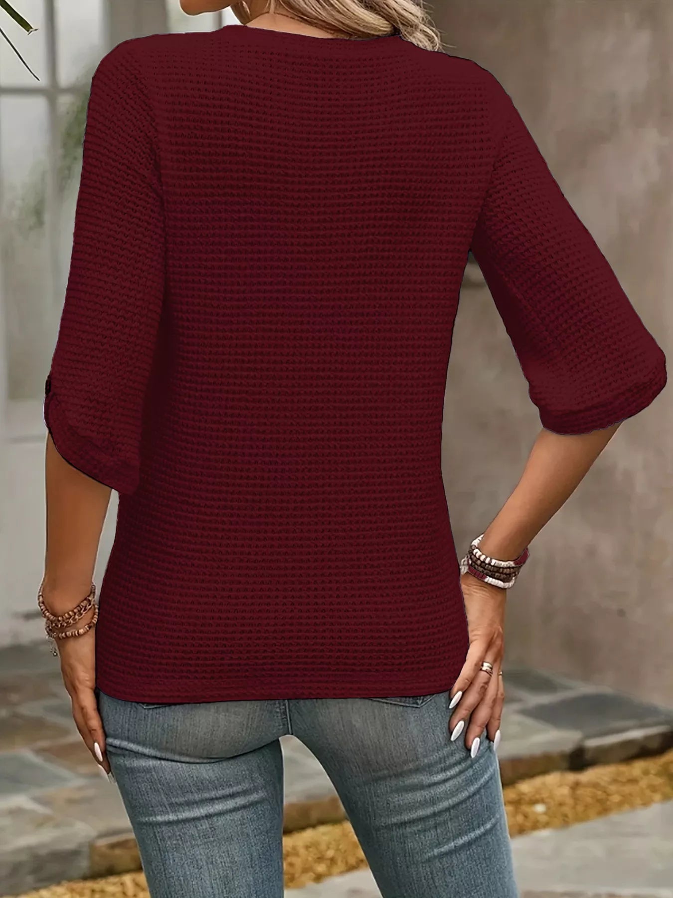 Waffle-Knit Round Neck Knit Top