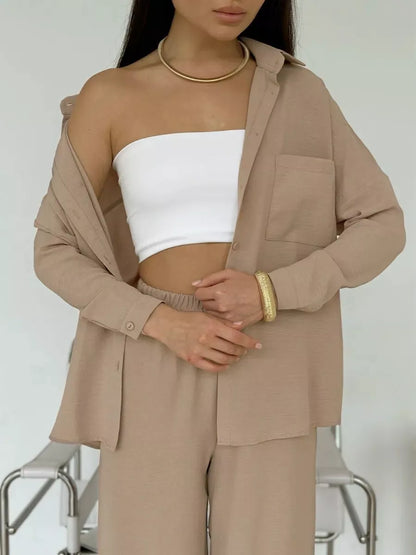 Button Up Long Sleeve Shirt and Pants Set Camel