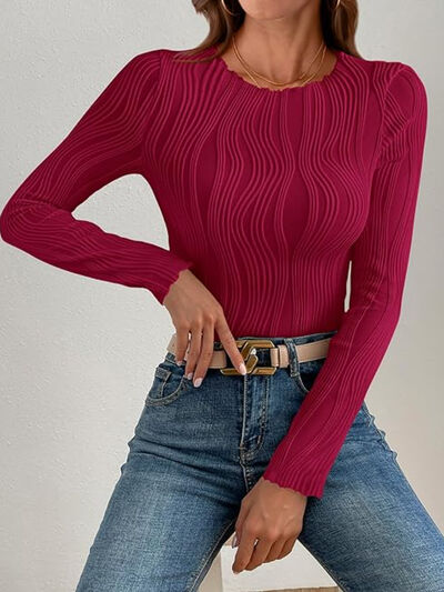 Textured Round Neck Long Sleeve Top Deep Red