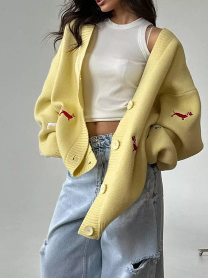 Embroidered Button Up Cardigan Yellow