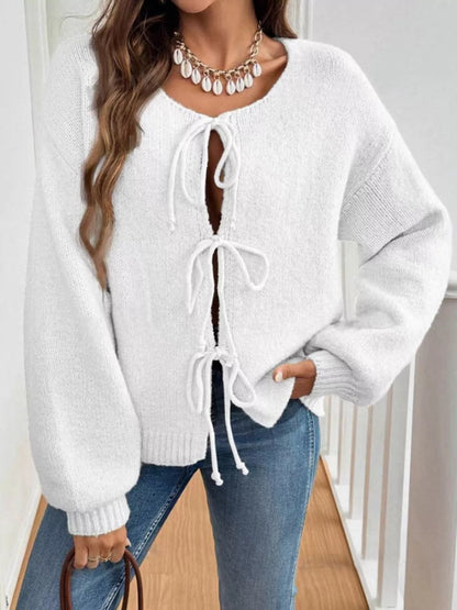 Tie-Front Long Sleeve Cardigan Off-white