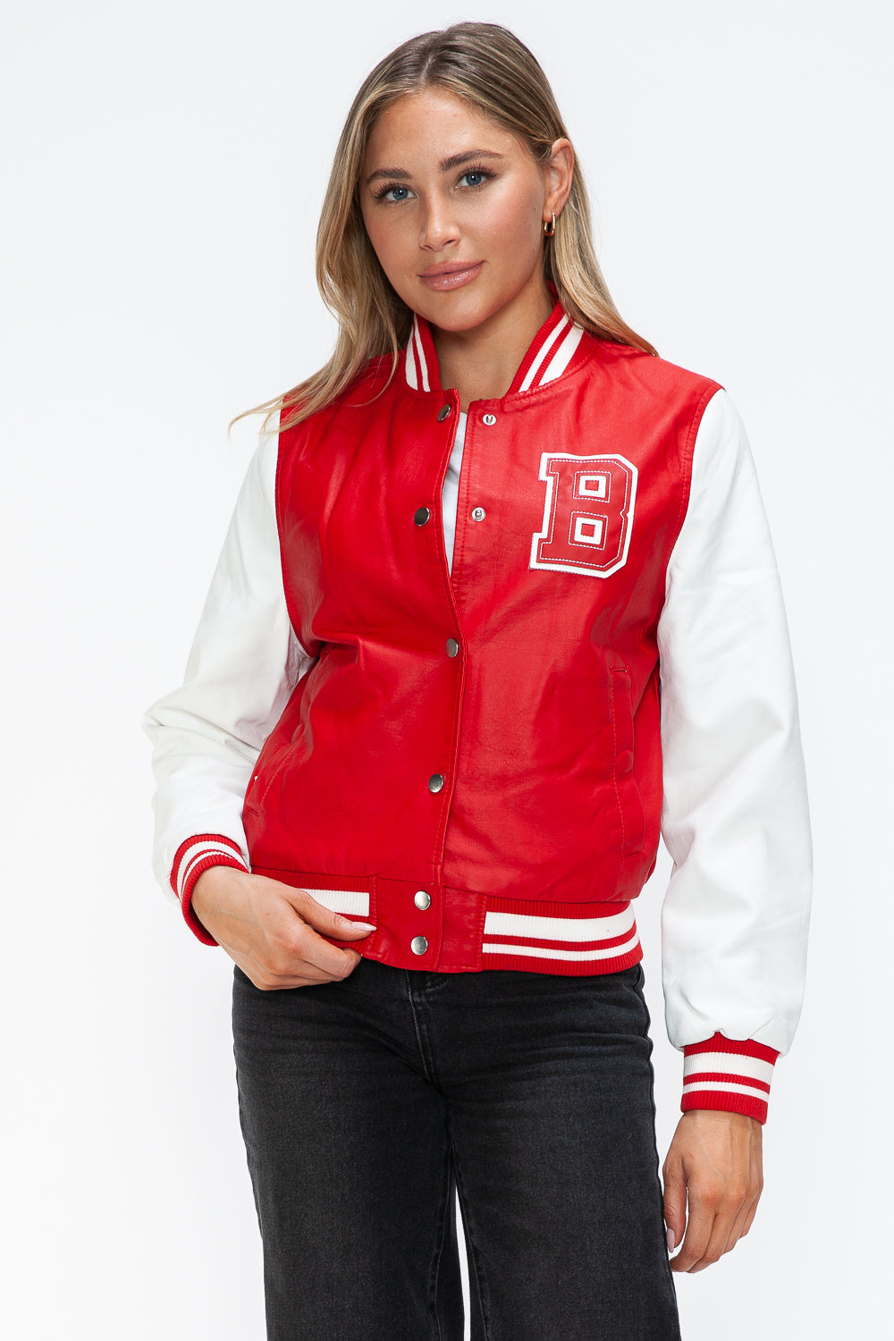 Love Me Now PU Leather Contrast Snap Down Bomber Jacket Red White
