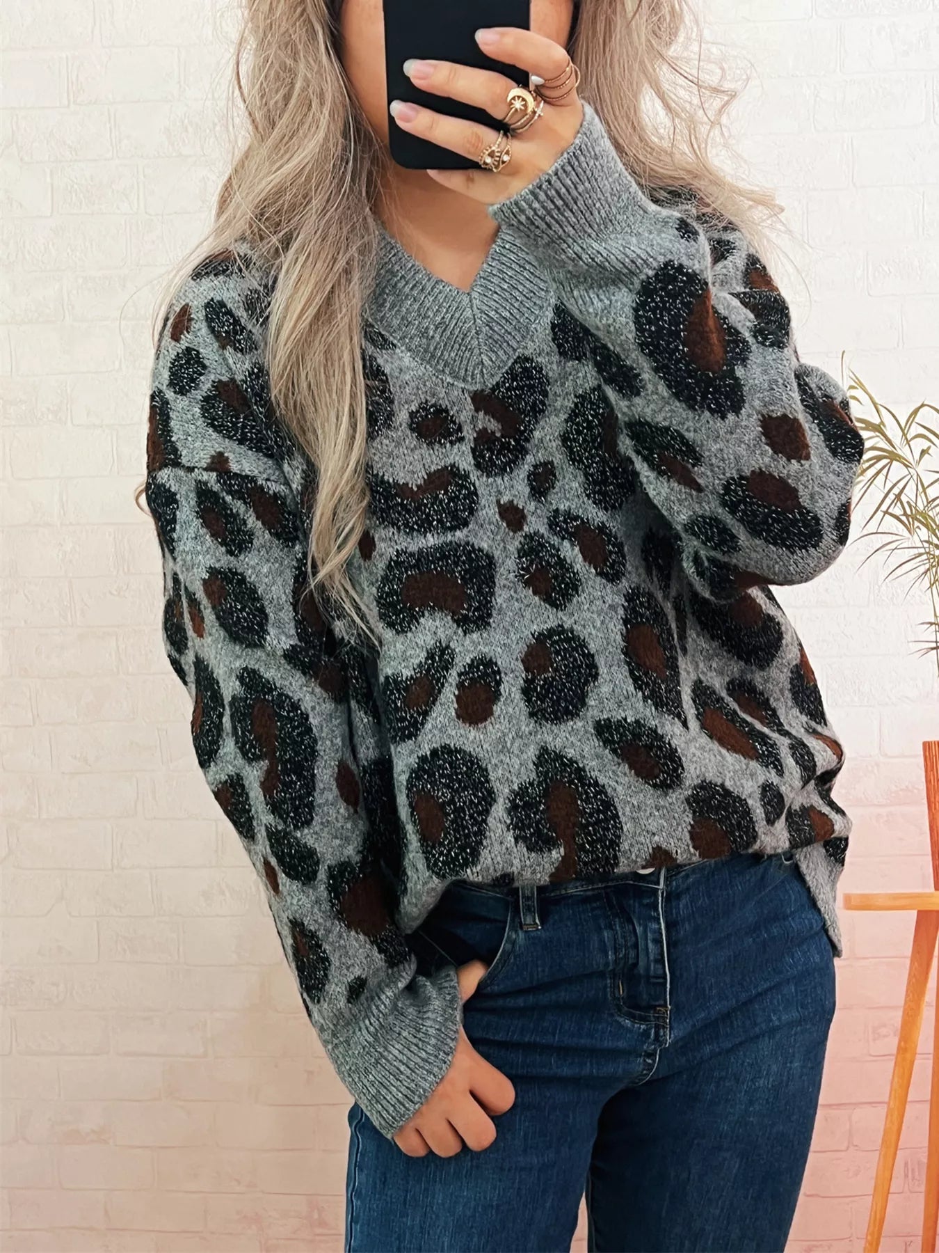 Leopard V-Neck Drop Shoulder Sweater Gray One Size