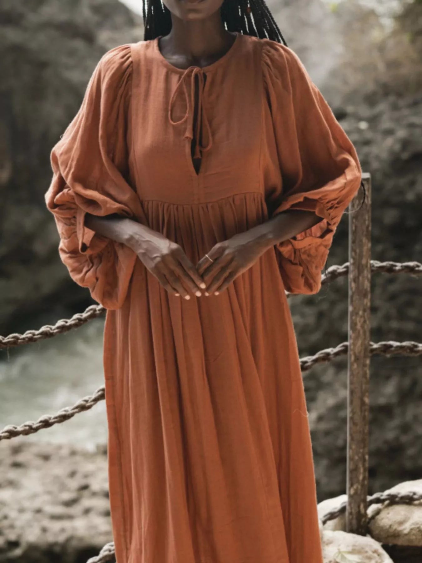 Tie Neck 3/4 Sleeve Midi Dress