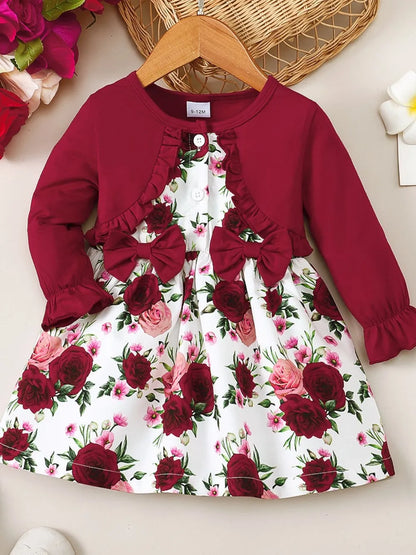 Frill Floral Round Neck Flounce Sleeve Dress Deep Red
