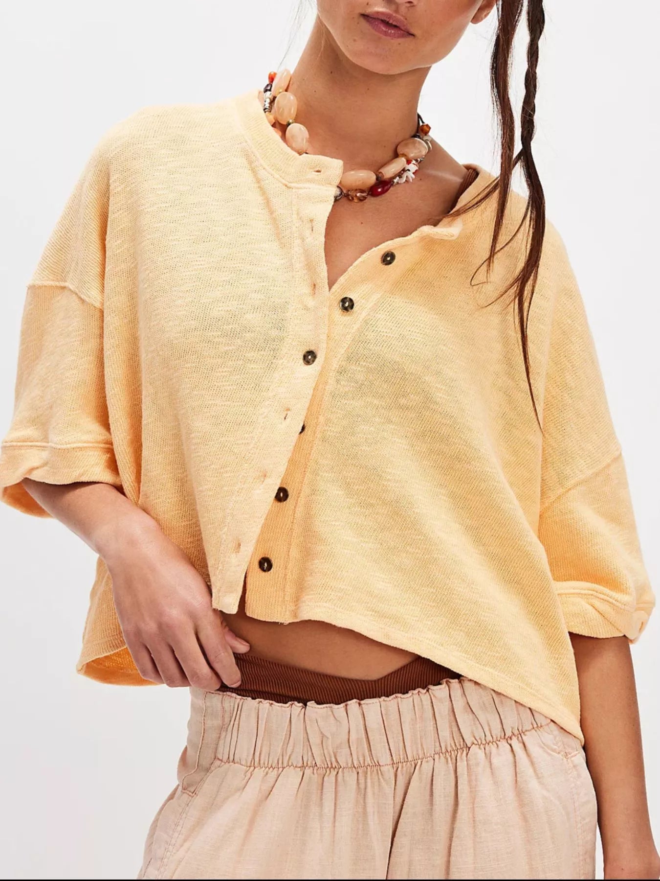 Button-Front Half Sleeve Cardigan Yellow