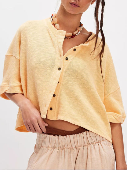 Button-Front Half Sleeve Cardigan Yellow