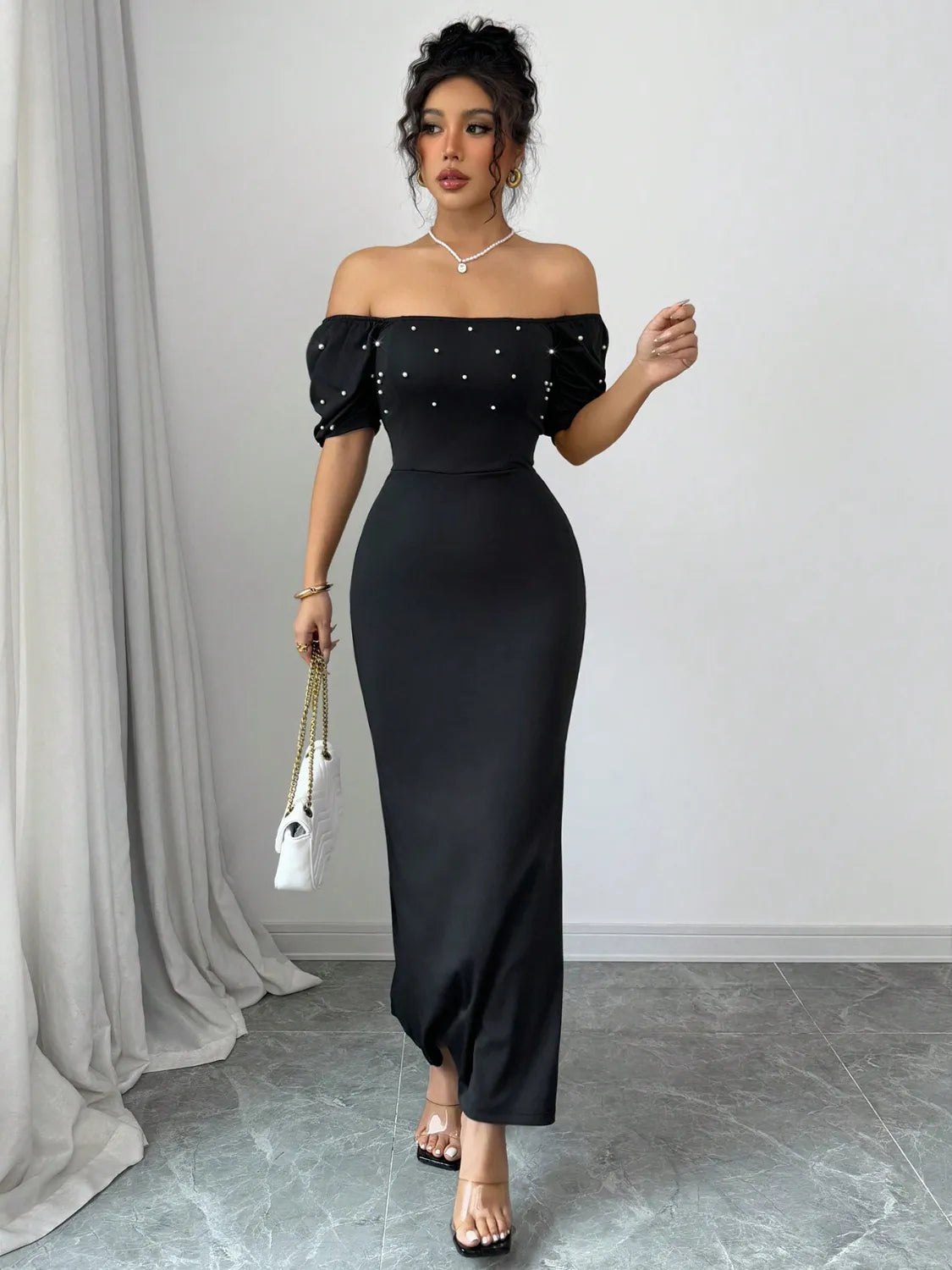 Off Shoulder Short Sleeve Maxi Dress
