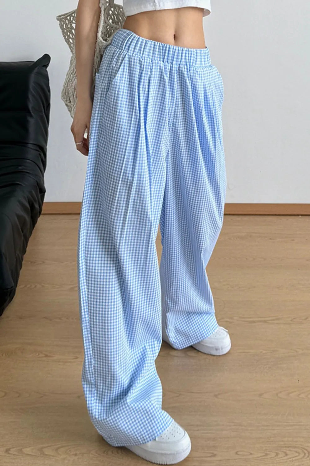Gingham Check Wide Leg Pants
