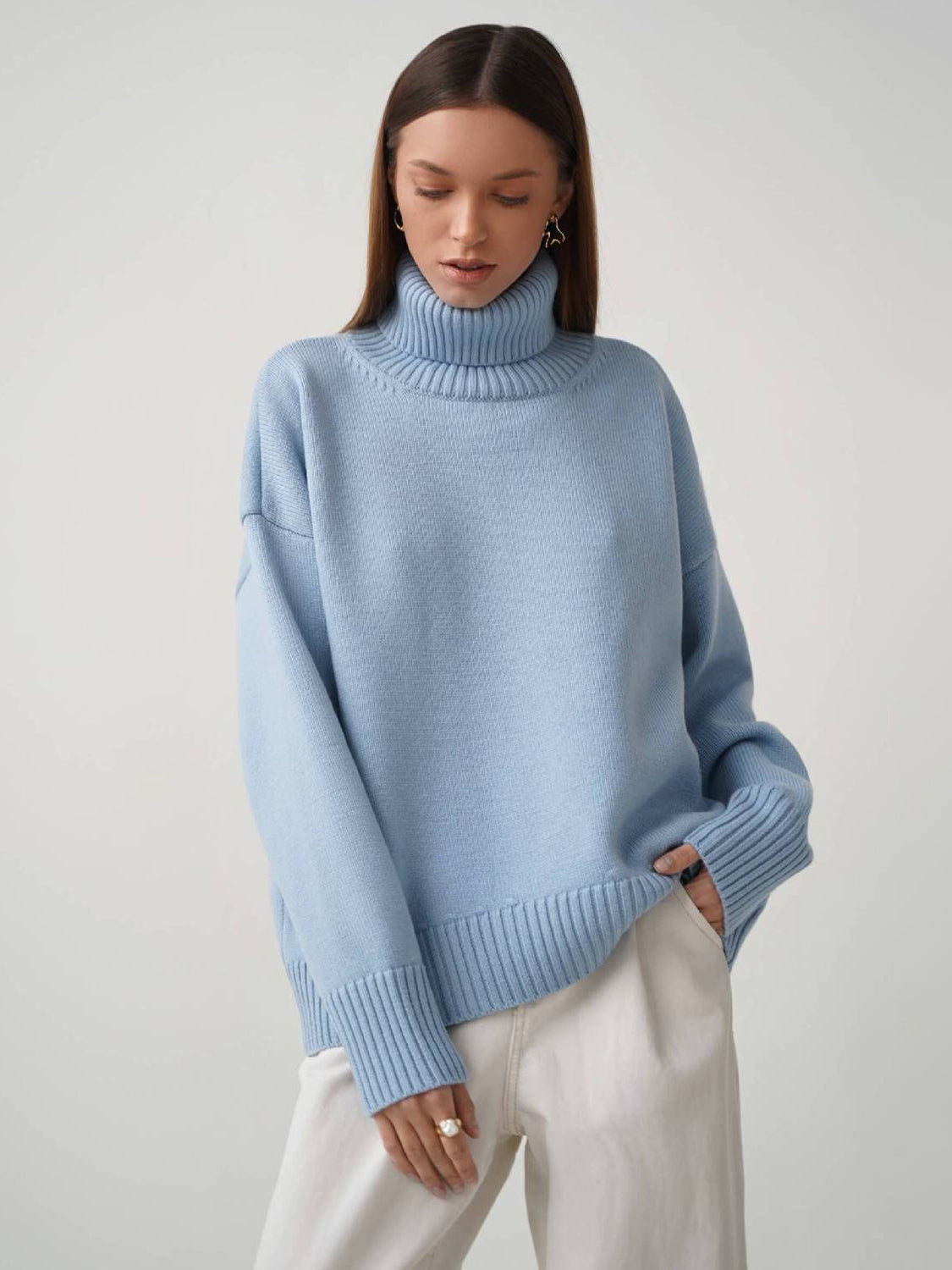 Turtleneck Long Sleeve Sweater Light Blue