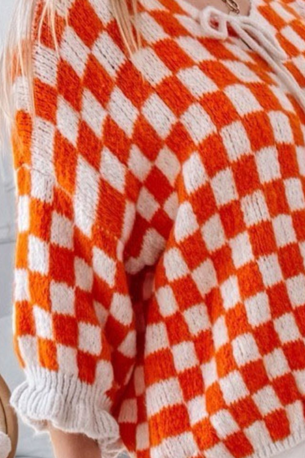 Back To School Sweater - Double Take Tied Checkered Dropped Shoulder Flounce Sleeve Cardigan