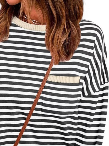 Striped Long Sleeve Sweater with Contrast Ribbed Trim