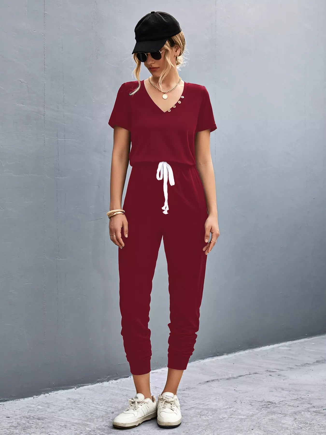 Casual V-Neck Short Sleeve Drawstring Waist Jumpsuit
