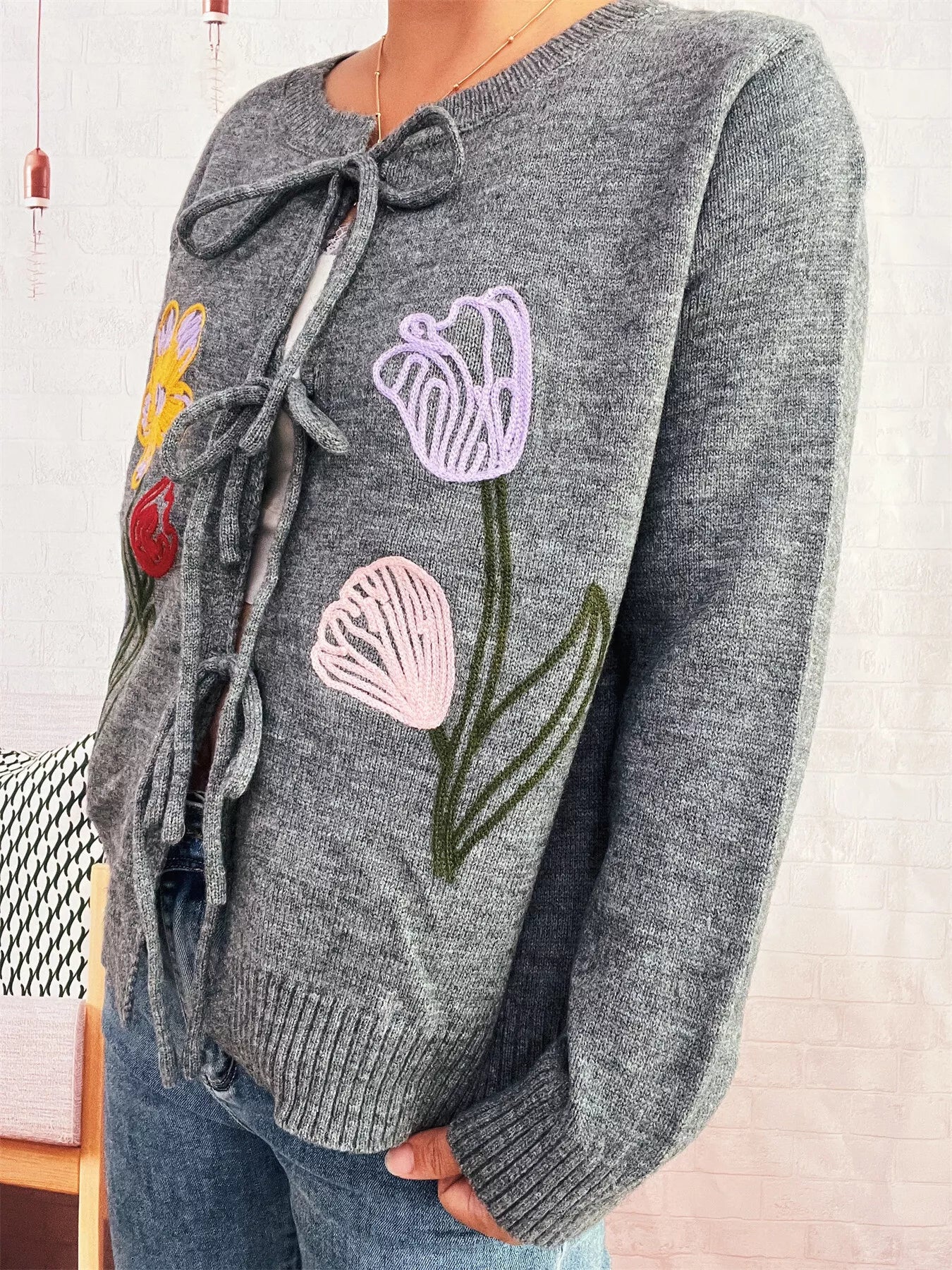 Floral Ribbed Hem Tie Front Cardigan