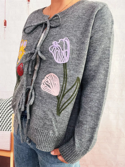 Floral Ribbed Hem Tie Front Cardigan