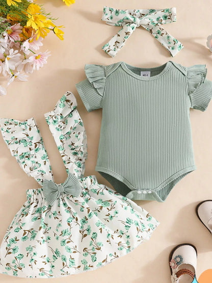 Children's Floral Print Ruffle Trim Baby Set with Headband