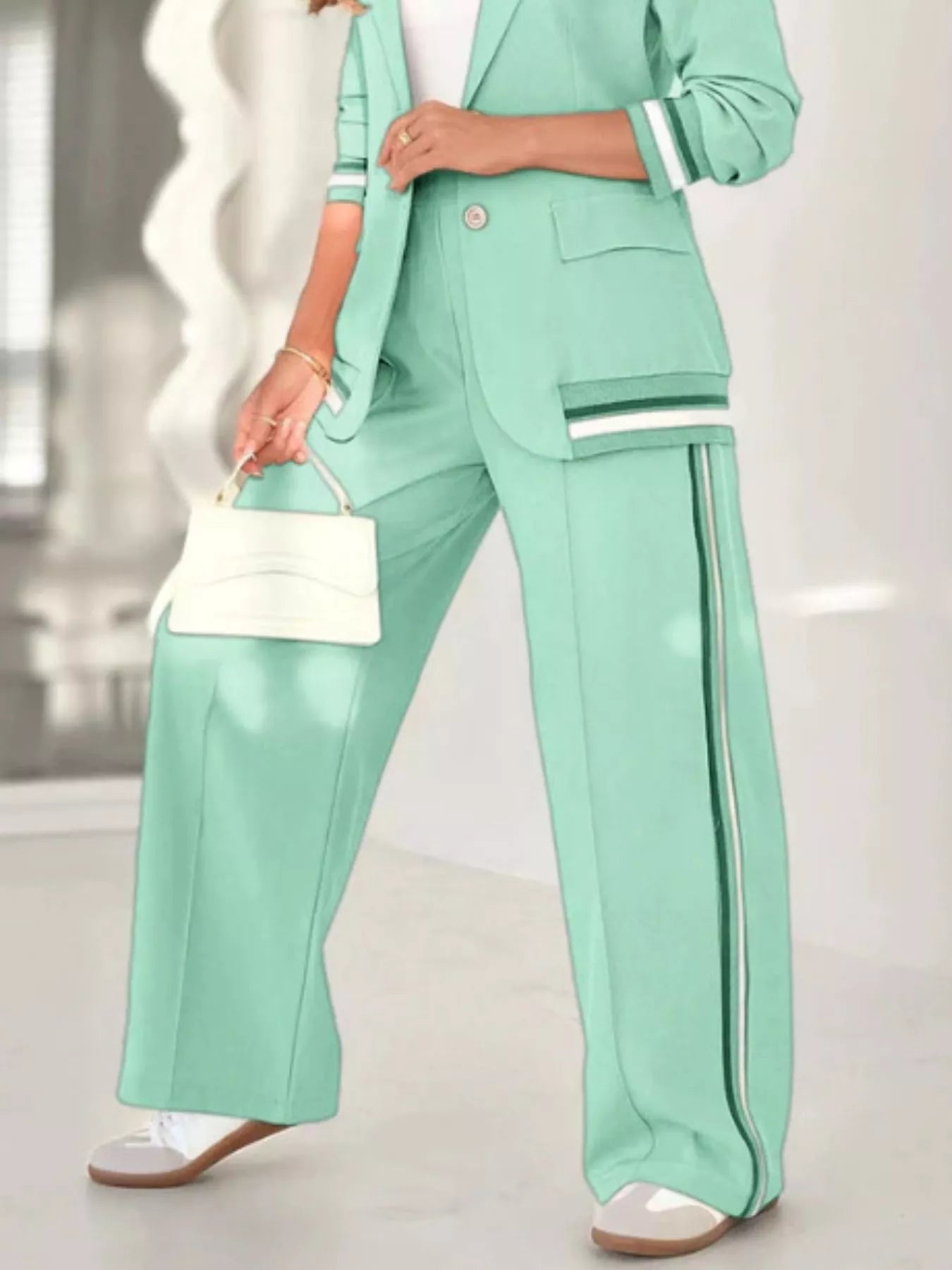 Full Size Striped Trim Button Down Jacket and Pants Set Plus Size