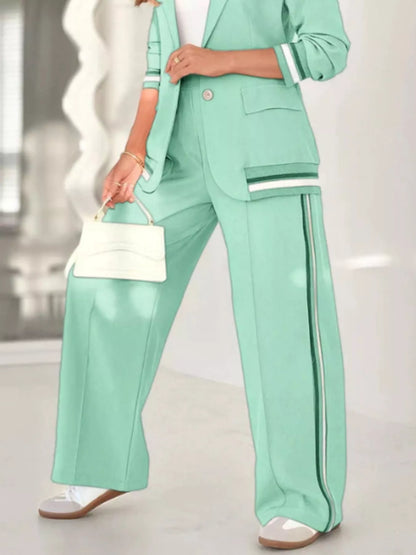 Full Size Striped Trim Button Down Jacket and Pants Set Plus Size