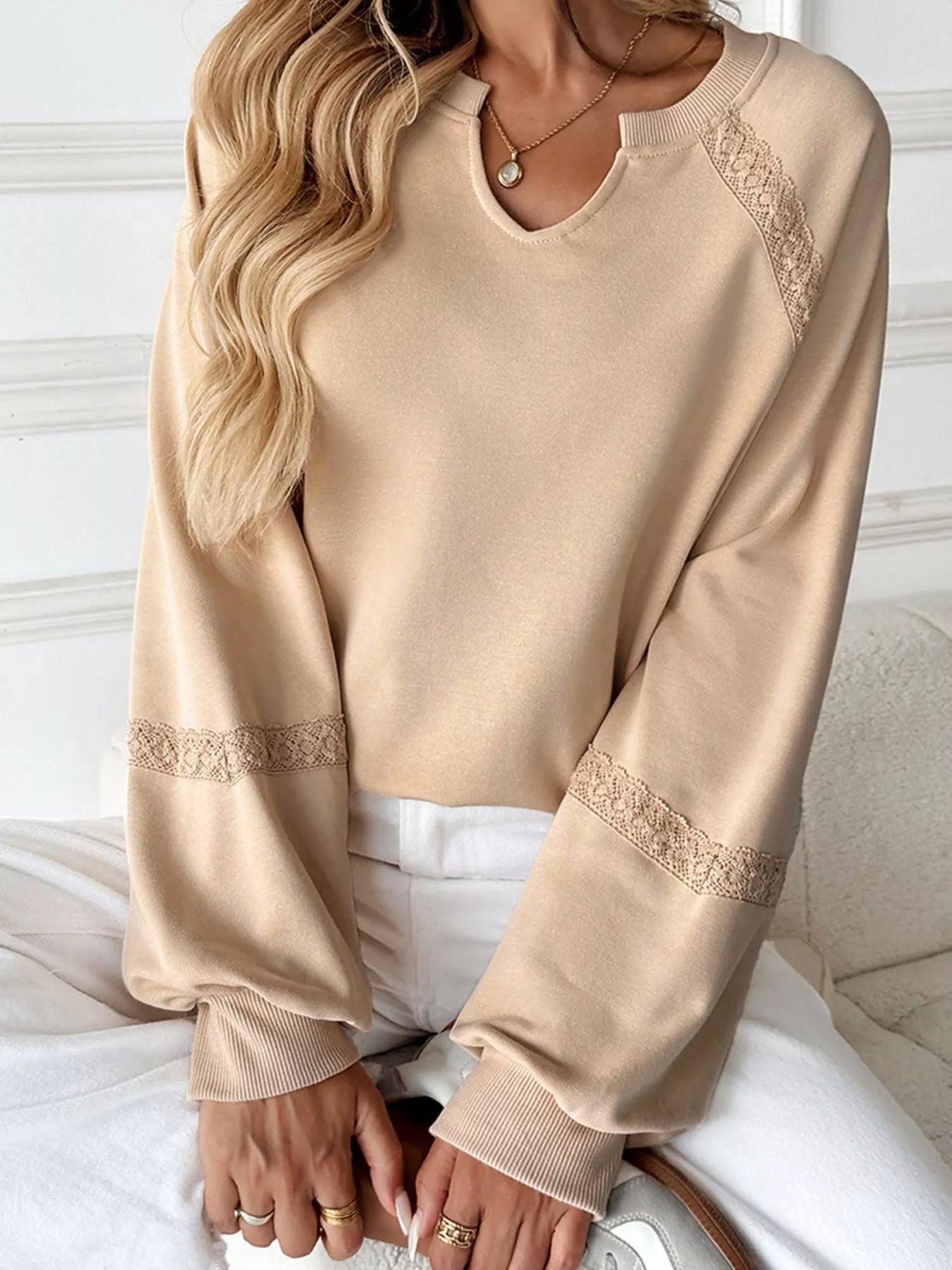 Lace Detail Notched Long Sleeve Sweatshirt