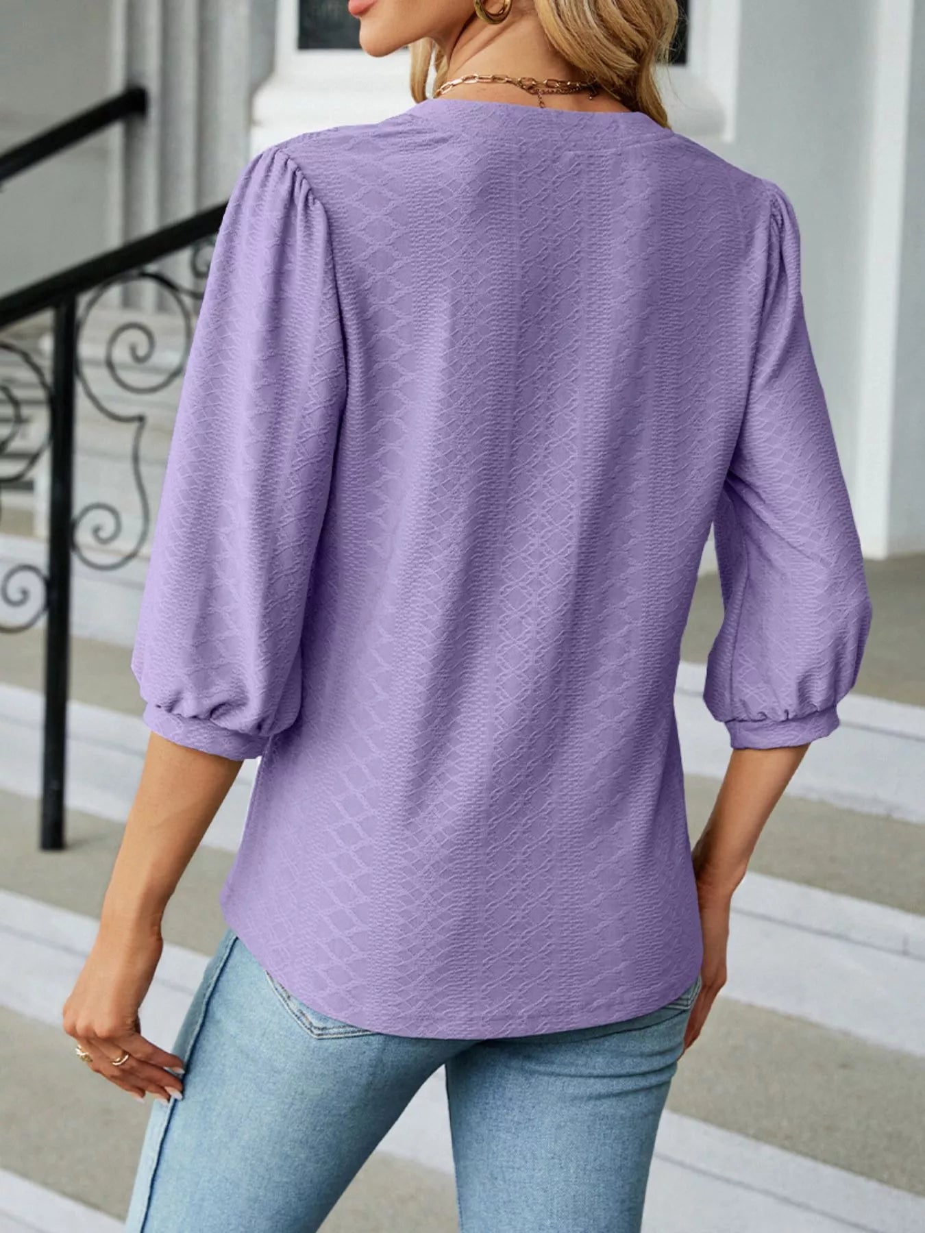 Notched 3/4 Sleeve Casual Top