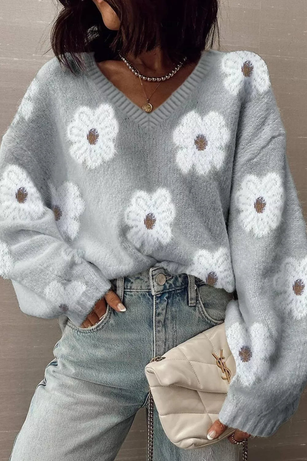 Floral Fuzzy Knit V-Neck Sweater