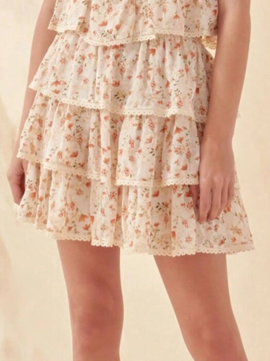 Floral Layered Ruffle Mini Skirt Apricot