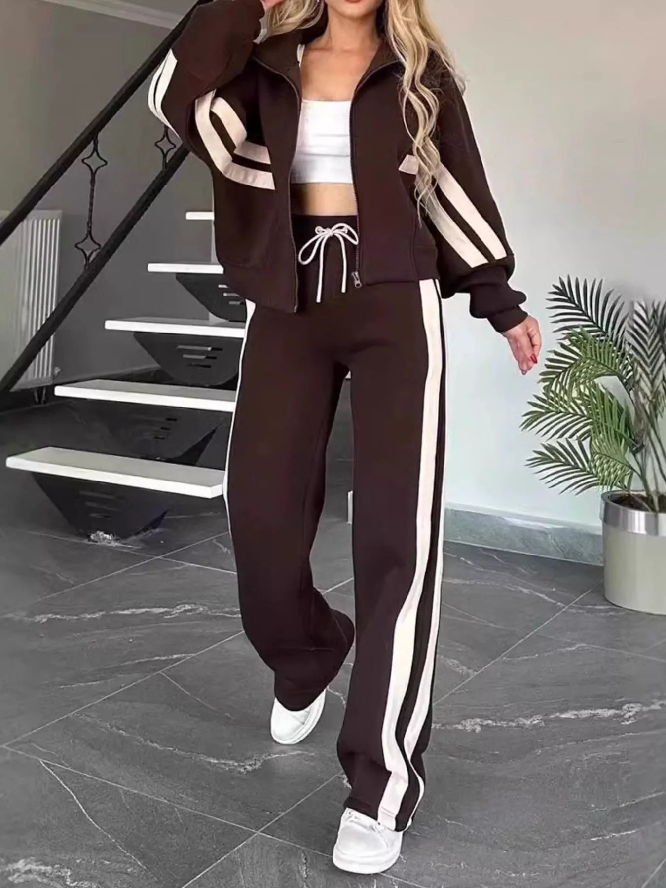 Full Size Contrast Stripe Zip Up Jacket and Pants Set Plus Size Brown