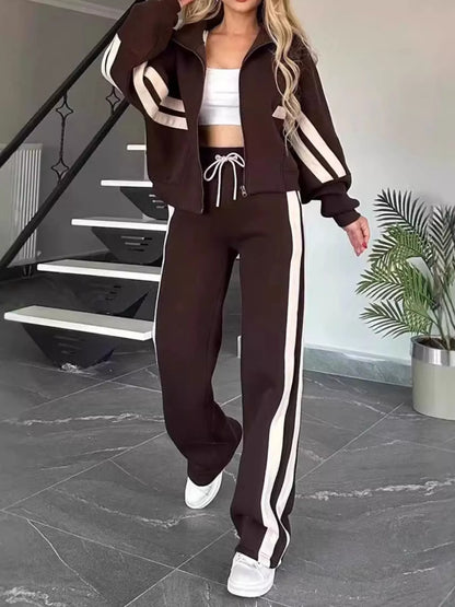 Full Size Contrast Stripe Zip Up Jacket and Pants Set Plus Size Brown