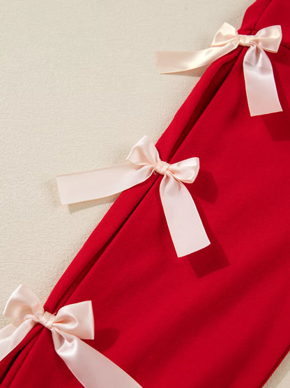 Striped Collar Patchwork Satin Bow Sweatshirt and Shorts Set