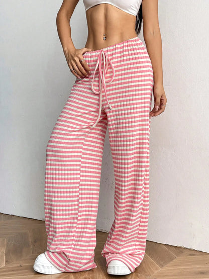 Striped Wide Leg Drawstring Pants Burnt Coral