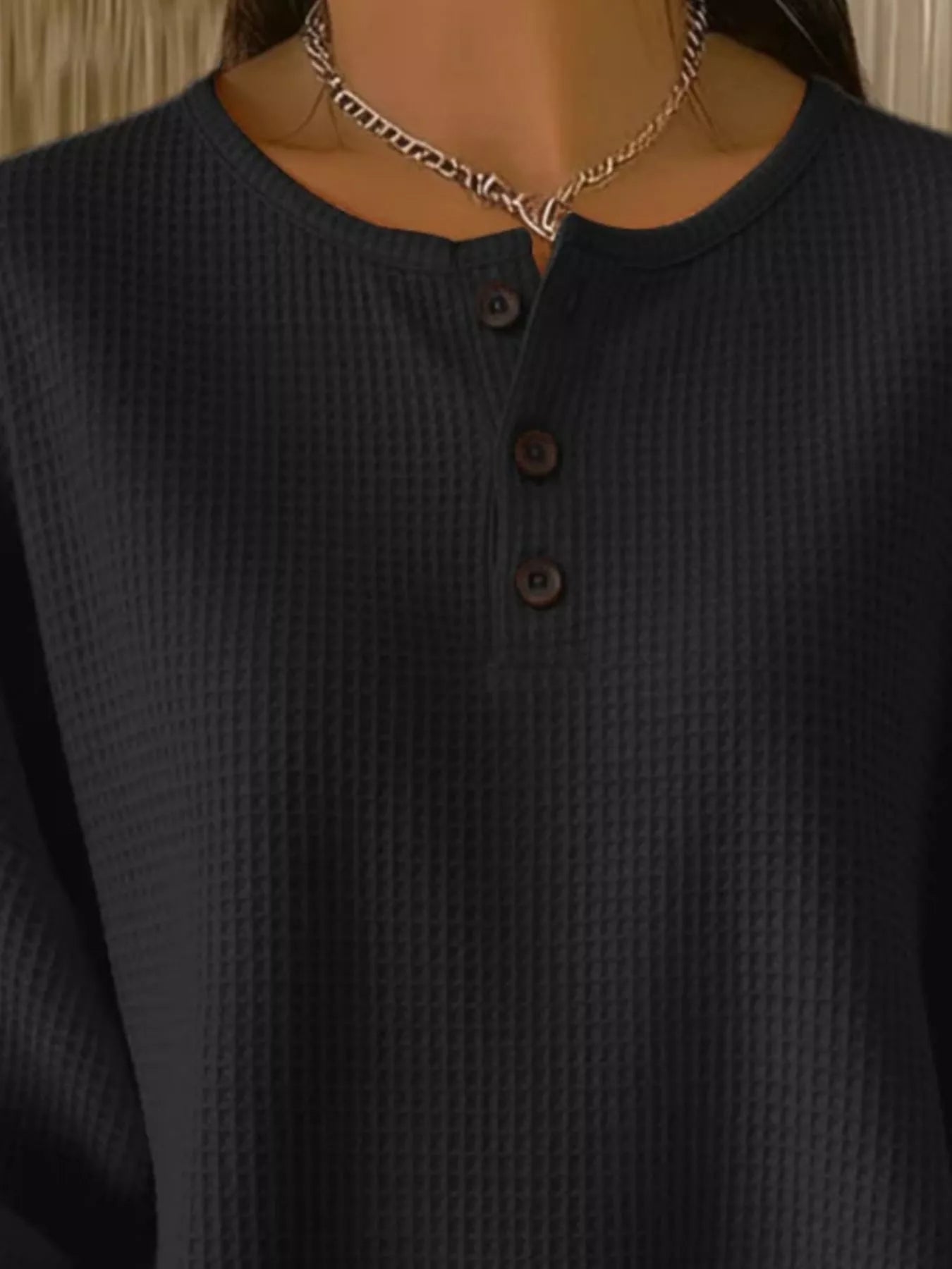 Full Size Waffle Knit Button Detail Top Plus Size