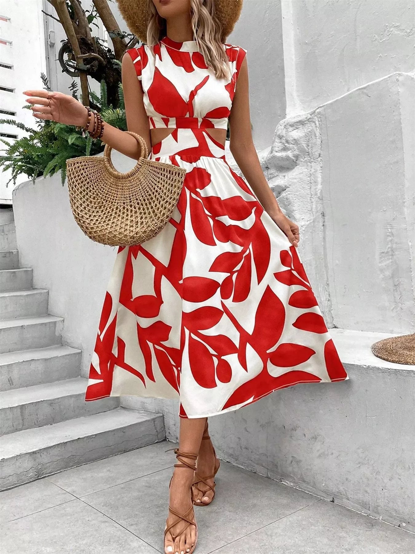 Cutout Printed Sleeveless Dress Red