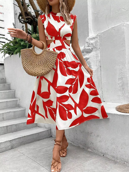 Cutout Printed Sleeveless Dress Red