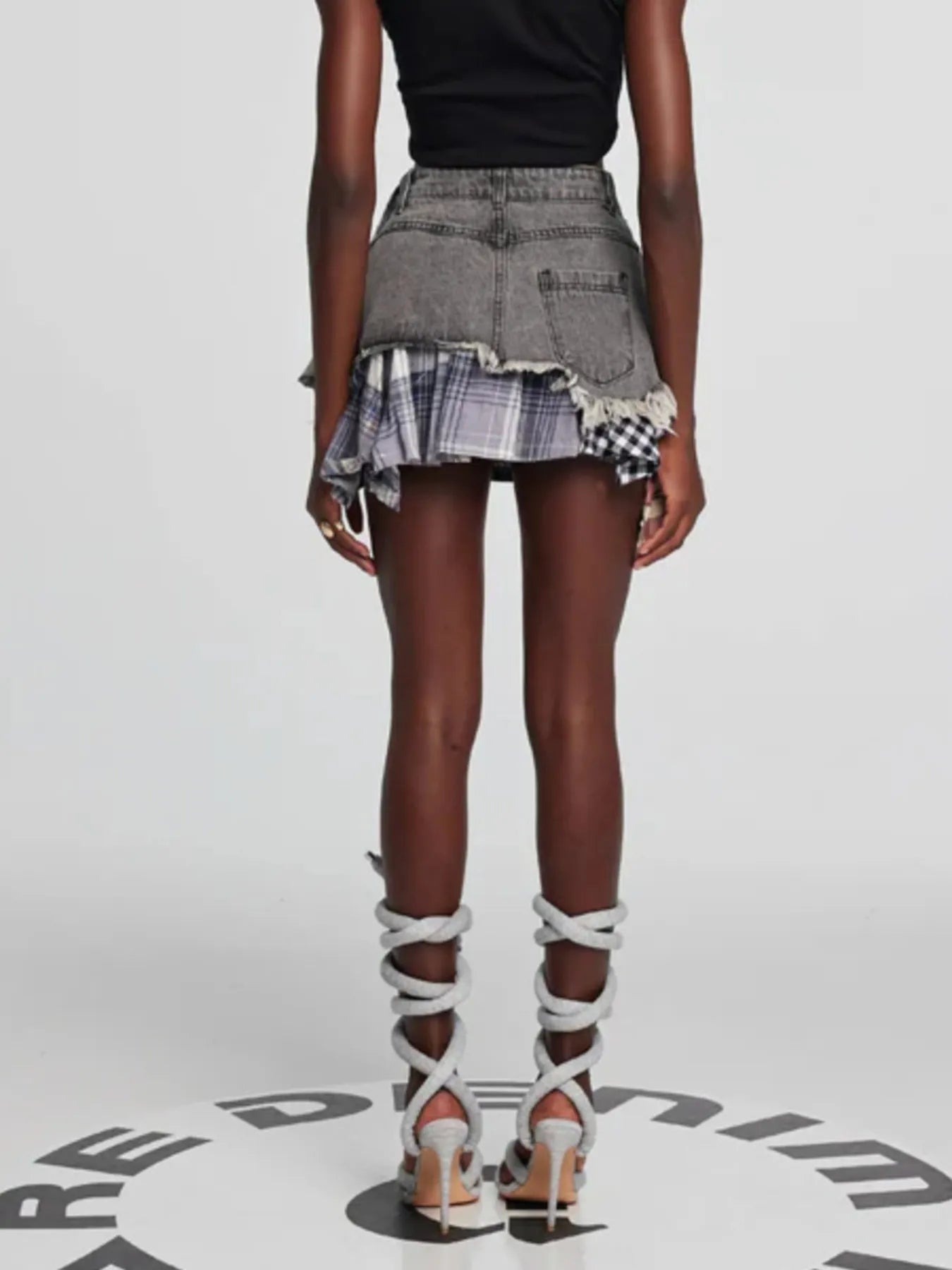 Raw Hem Denim Mini Skirt with Plaid Patch Details