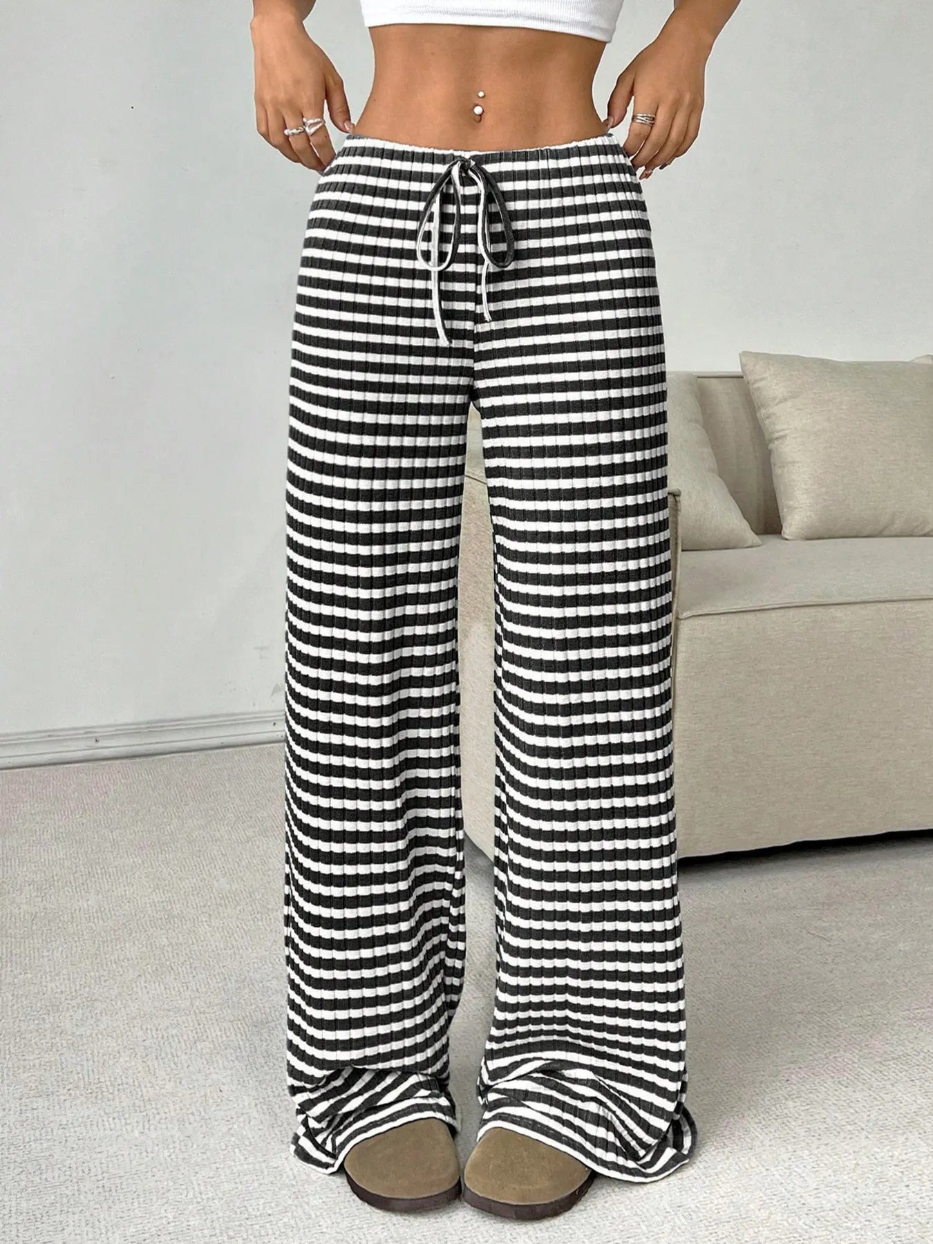 Striped Wide Leg Drawstring Pants White