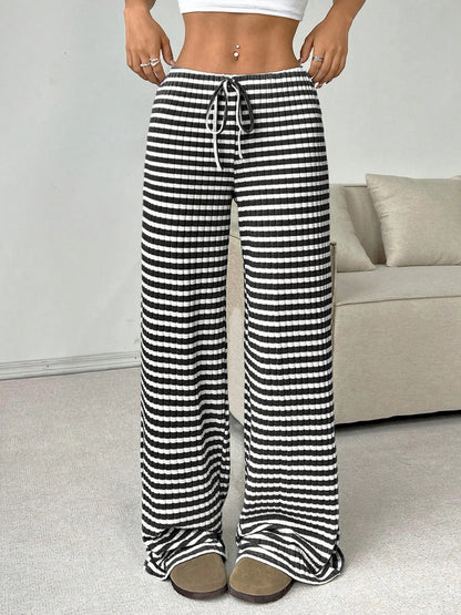 Striped Wide Leg Drawstring Pants White