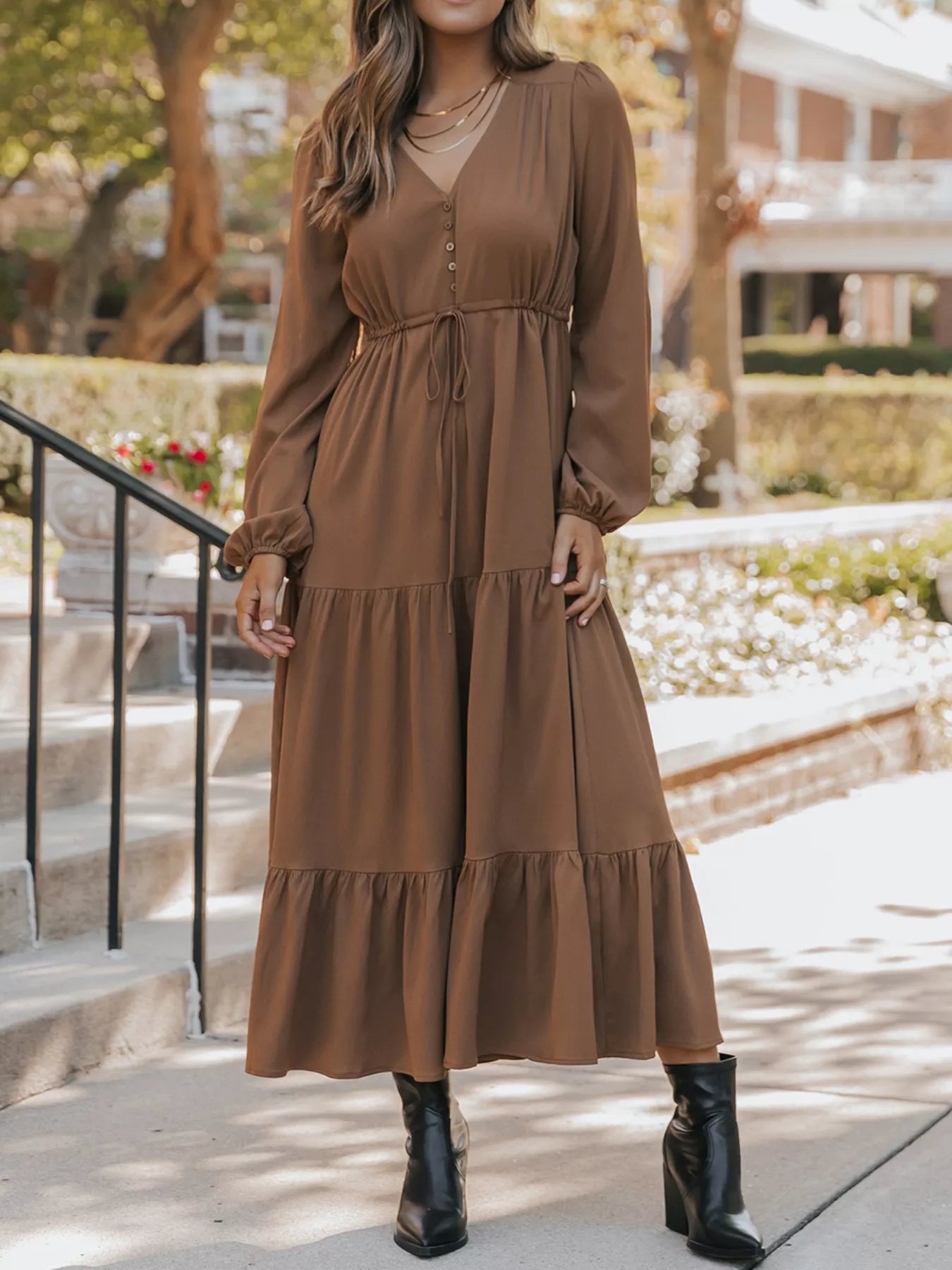 V-Neck Balloon Sleeve Tiered Dress Taupe