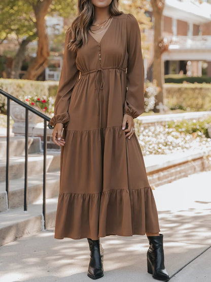 V-Neck Balloon Sleeve Tiered Dress Taupe