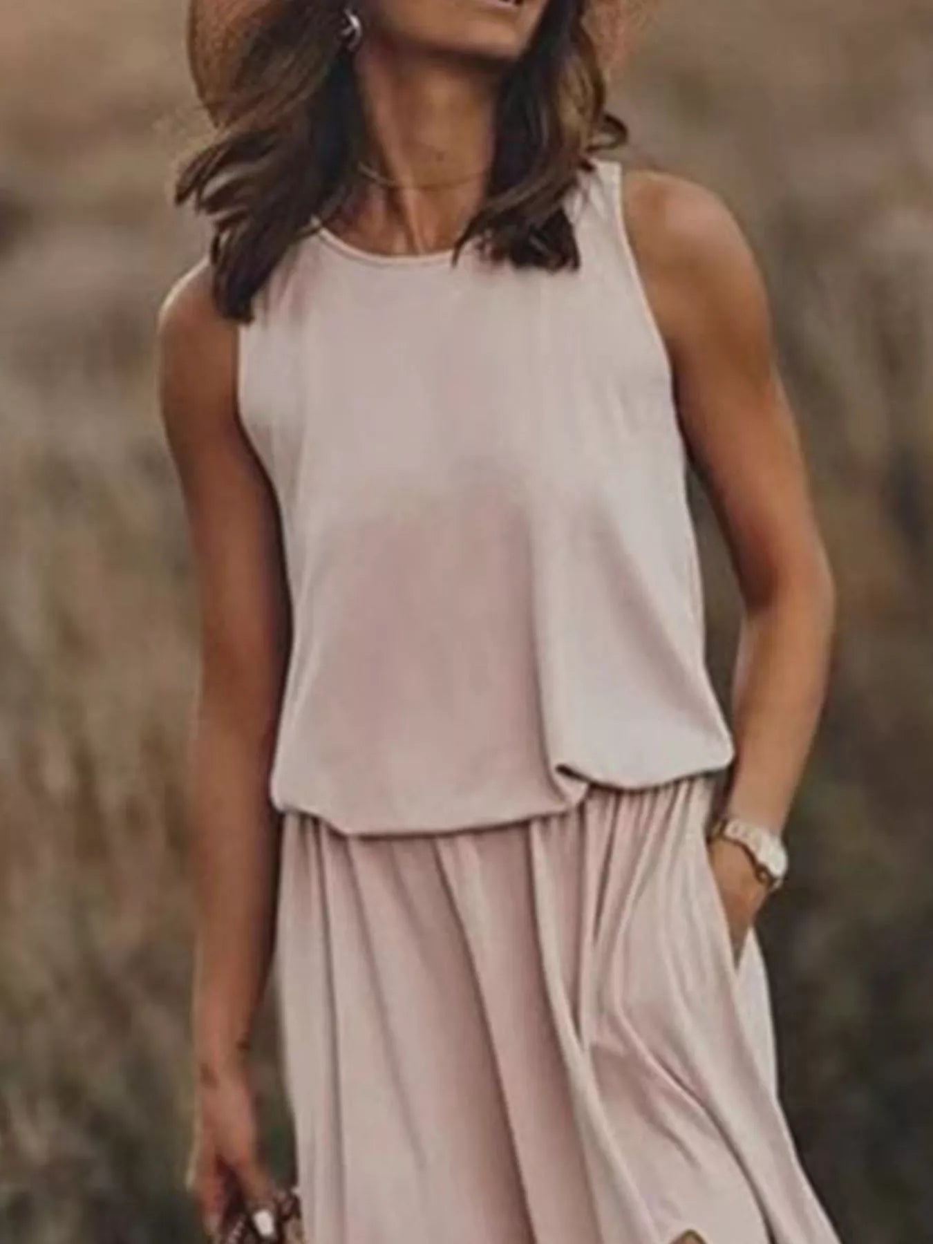 Full Size Round Neck Sleeveless Slit Maxi Dress Plus Size