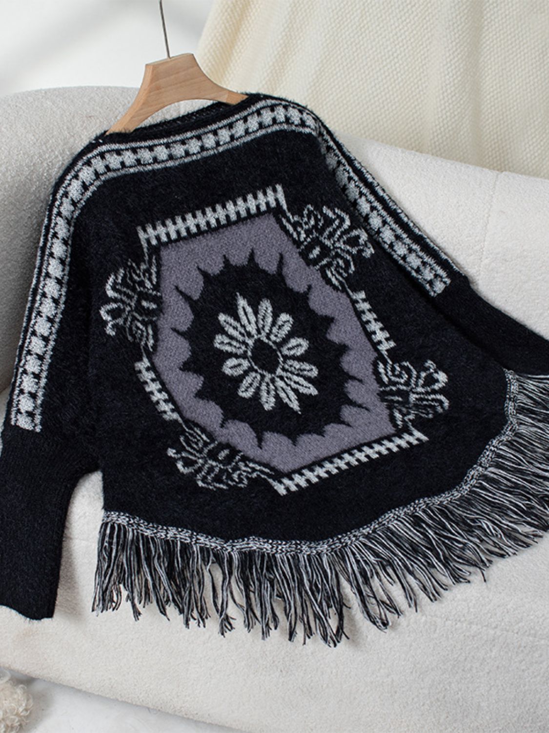 Fringe Geometric Long Sleeve Poncho Black One Size