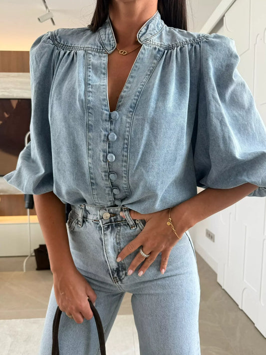Button-Down Puff Sleeve Denim Top