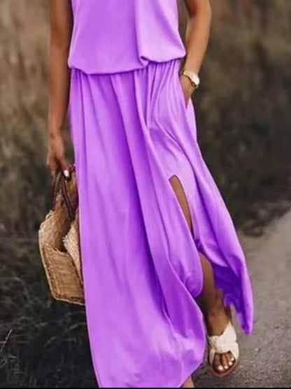Full Size Round Neck Sleeveless Slit Maxi Dress Plus Size