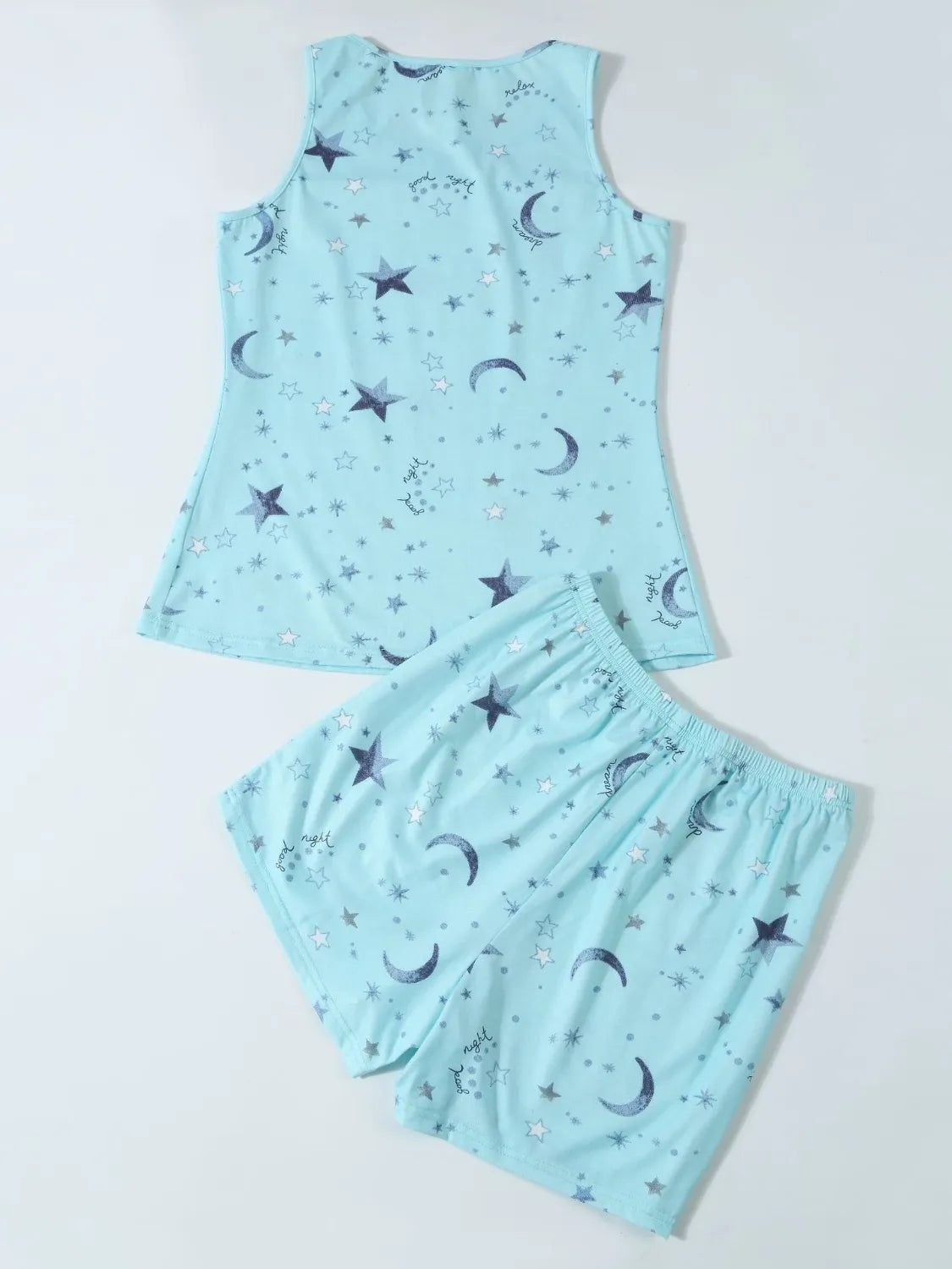Printed Round Neck Top and Shorts Lounge Set Pastel Blue
