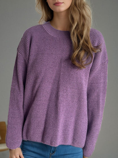 Solid Color Round Neck Long Sleeve Sweater Mauve One Size