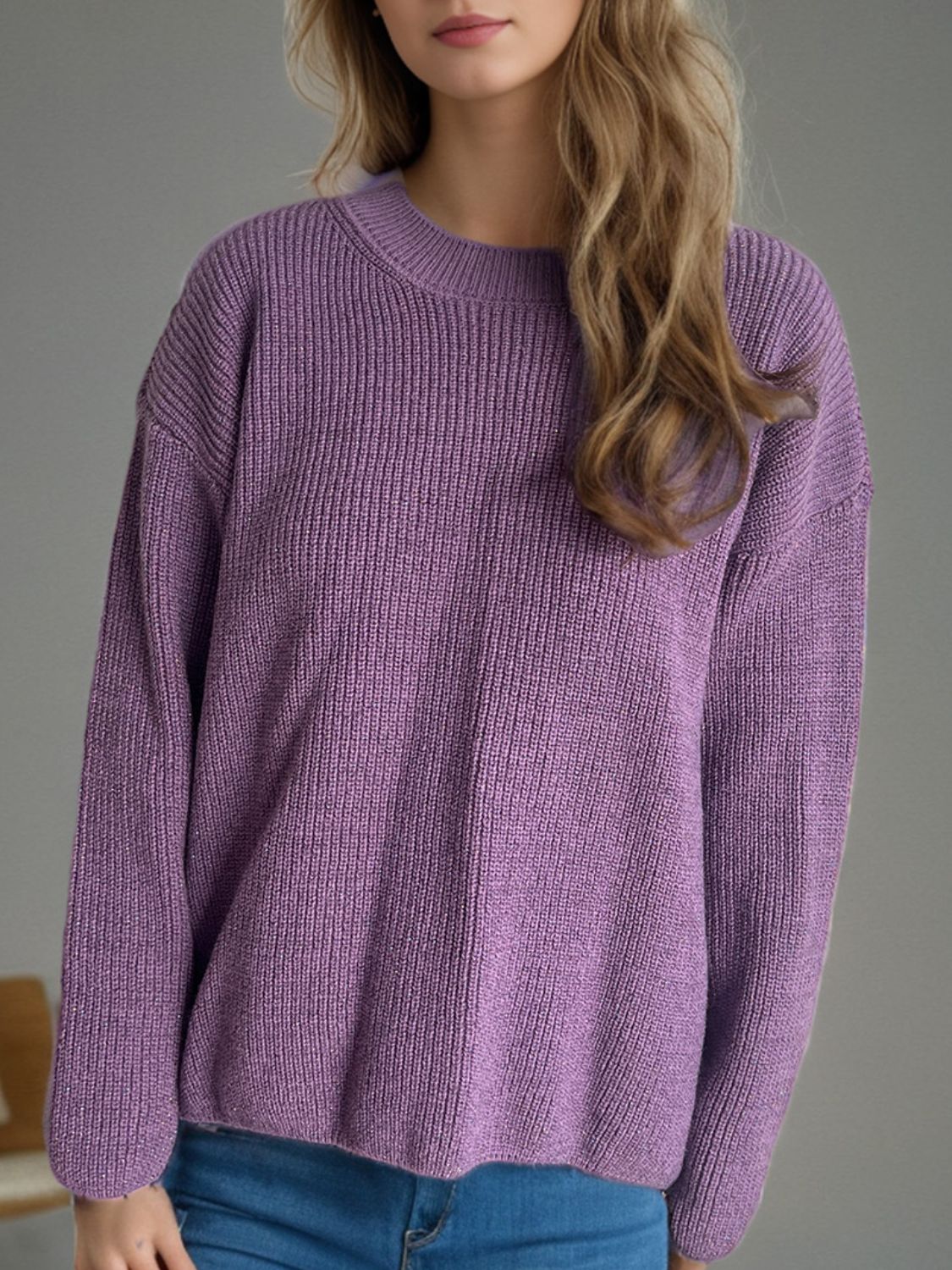 Solid Color Round Neck Long Sleeve Sweater Mauve One Size