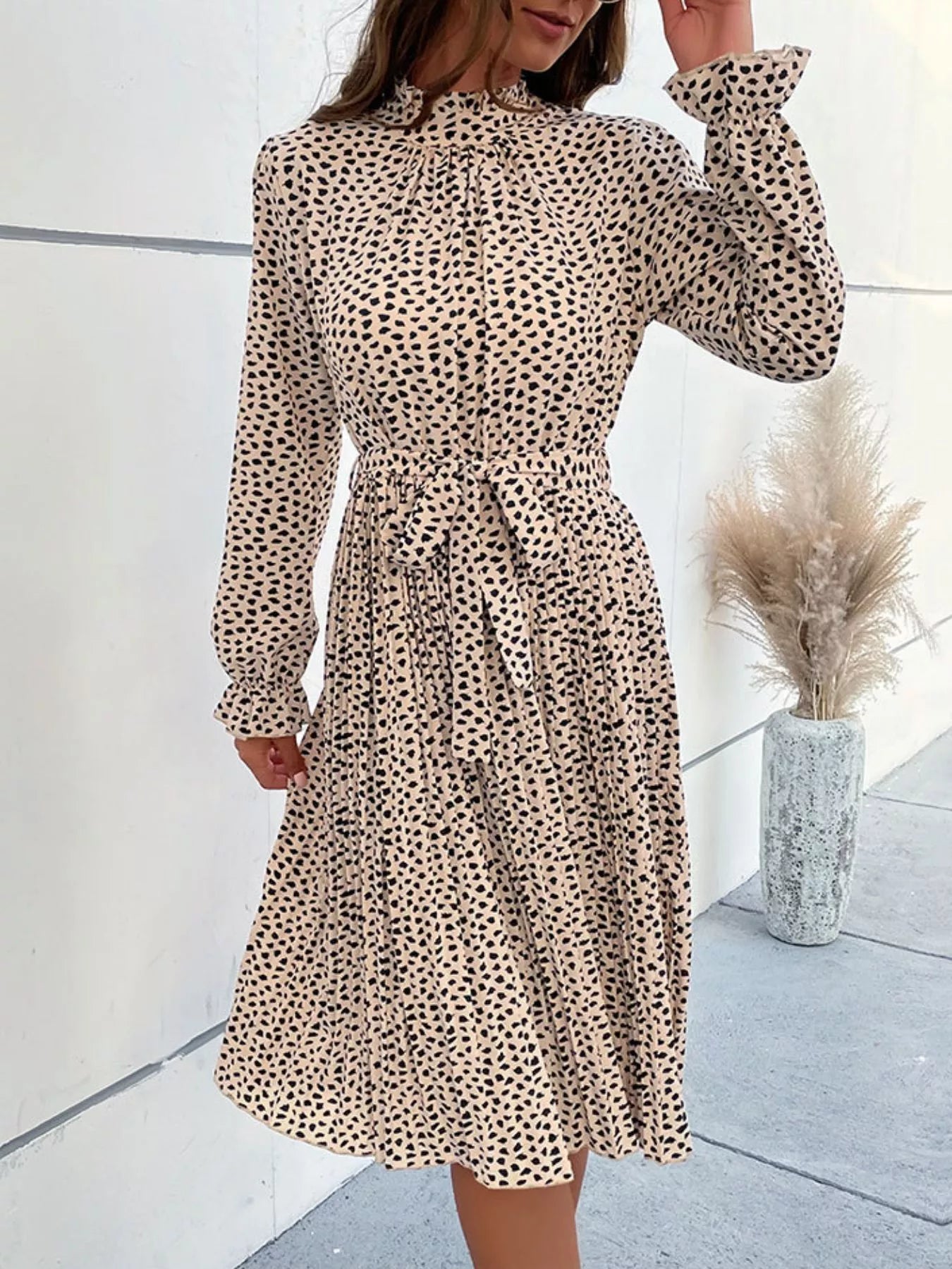 Animal Print Mock Neck Flounce Sleeve Dress