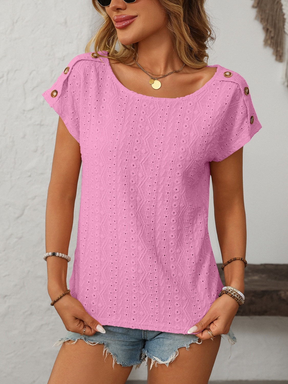 Mandy Eyelet Round Neck Short Sleeve Top Pink