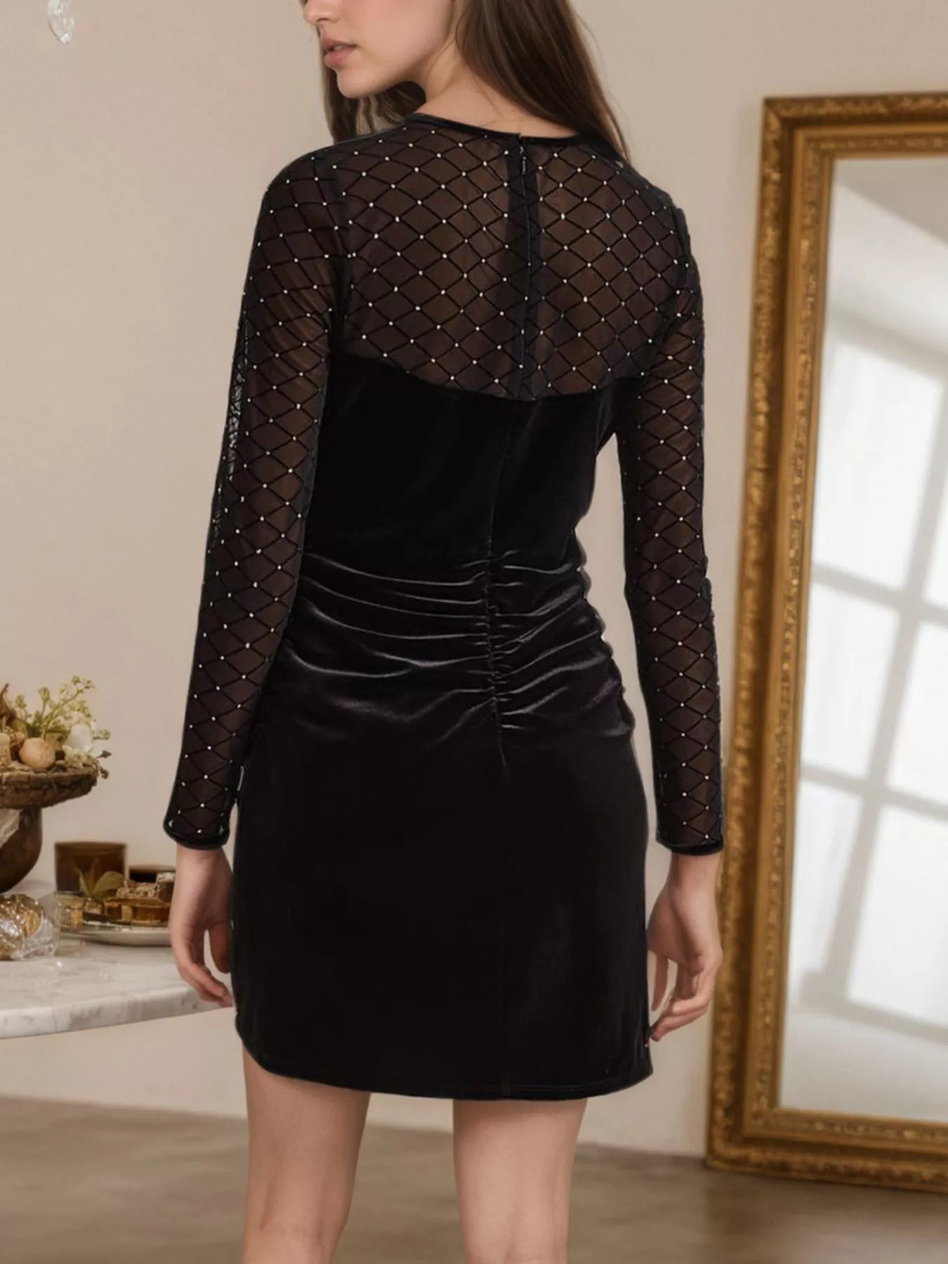 Velvet Mesh Long Sleeve Mini Dress