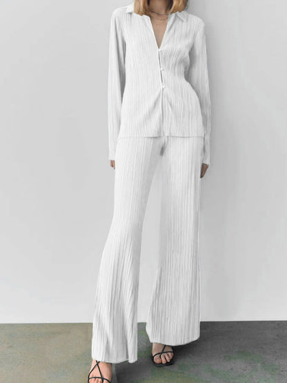 Texture Long Sleeve Top and Pants Lounge Set White