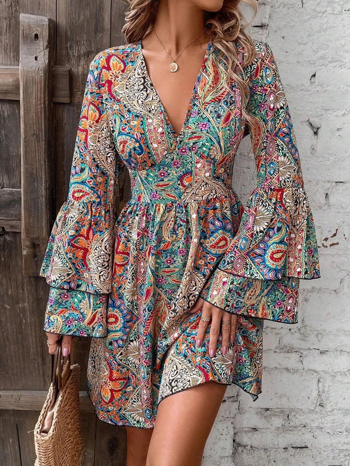 Paisley Print V-Neck Flounce Sleeve Dress Multicolor
